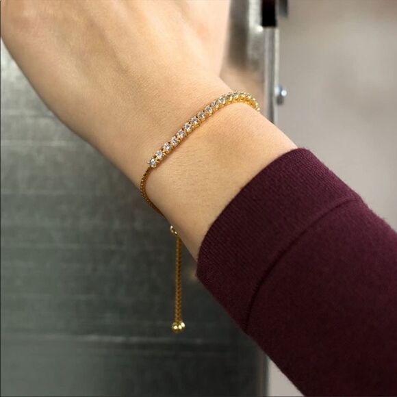 NEW Crystal Zirconia Tennis Bracelet 14K Gold Adjustable Slide Bracelet - Picture 2 of 5